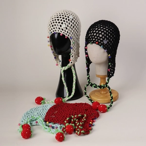 Handmade Crochet Beanie Hat With Colorful Beads And Strawberry Charms Hollow Knit Tassel Bonnet For Women Retro Style