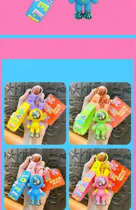 Close-up of four creative color-blocked mechanical rabbit keychains with dimension labels