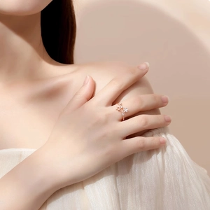 Adjustable rose gold star and moon ring with zircon pavé setting on model's hand