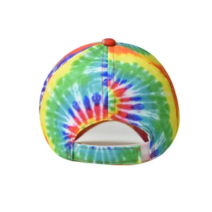 Detail of colorful tie-dye baseball cap with adjustable hook and loop fastener back