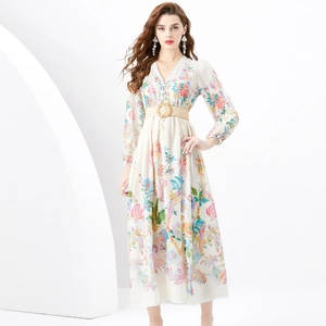 Lace V-neck maxi dress with lantern sleeves, floral print and woven waist belt