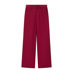 Deep red high-waisted wide-leg trousers in a smooth fabric with elegant drape