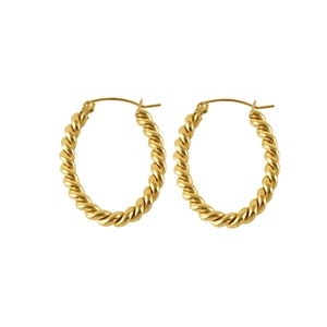 Fashionable gold twisted hoop earrings in stainless steel with a polished 18k finish