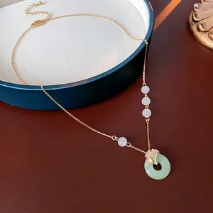 New Chinese Style Ginkgo Leaf Pingan Buckle Pendant Necklace For Women Green Colored Glaze Gold Plated Copper Zircon