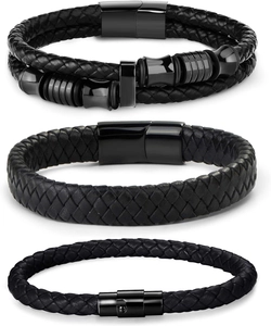 Set of three black braided leather bracelets for men with secure magnetic metal clasps