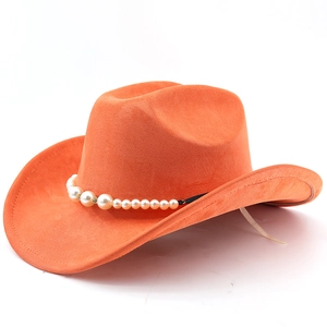 Detail of orange suede cowboy hat featuring elegant white pearl bead headband trim