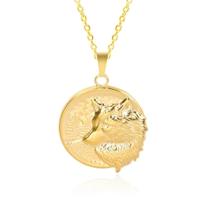 Detailed close-up of 18k gold plated stainless steel round pendant with embossed wolf head