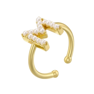 Detailed view of elegant gold letter M ring with delicate pearls and adjustable band
