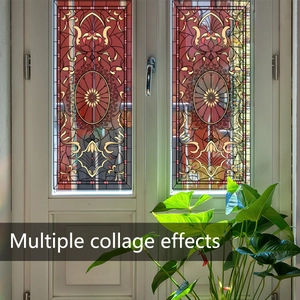 Classic stained glass window film with colorful floral patterns on a white French door