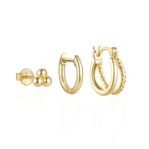 Detail view of gold S925 sterling silver earring set with stud and hoop styles