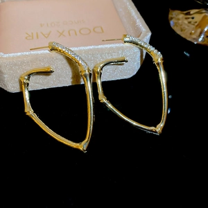 Macro shot of gold bamboo hoop earrings with fine crystals on a beige velvet box
