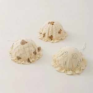 Infant double-layer cotton gauze hats with bear and bunny prints and ruffles