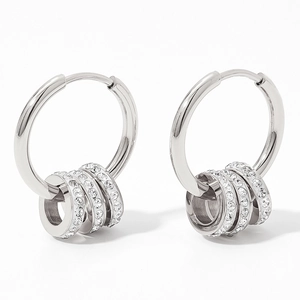 Polished stainless steel hoop earrings with three dangling crystal-encrusted circles