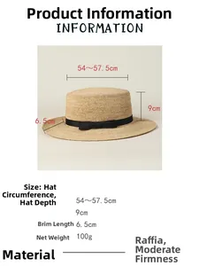 Detaillierte Größentabelle für handgefertigten Raffia-Strohhut mit schwarzem Band