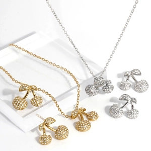 Cherry Necklace And Earrings Stainless Steel Zircon For Women PVD Gold Plated Tarnish Free Minimalist Cute Jewelry