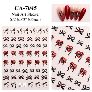 5D embossed nail stickers CA-7045 with black bows and red plaid hearts for cute manicure