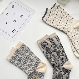 Flat lay of vintage floral crew socks in diverse retro patterns on a white background