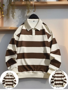 Détail d'un polo en tricot à rayures marron et crème avec col boutonné pour hommes