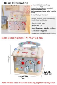 Detailed size chart showing 17.6x15.5x16cm dimensions for house-shaped piggy bank