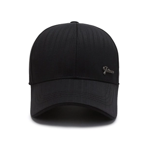 Classic black striped baseball cap for men featuring a metallic side logo and curved brim
