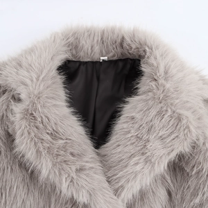 Long faux fur coat with notched collar in grey featuring high-quality plush texture