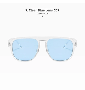 Detail view of transparent blue lenses and retro resin frames for C07 sunglasses