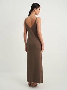 Deep brown knitted slip maxi dress with deep V-neck back and minimalist slim fit