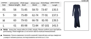 Detailed size guide table with measurements for long sleeve slim ruffle maxi dress