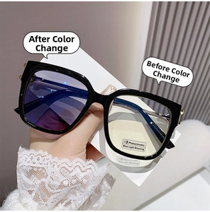 Detail of square black frame glasses showing photochromic and blue light blocking lenses