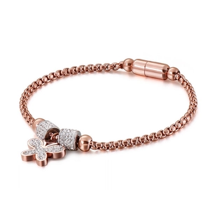 Butterfly Pendant Bracelet Stainless Steel Zircon Rhinestone Inlaid Box Chain Magnetic Clasp Elegant Jewelry For Women
