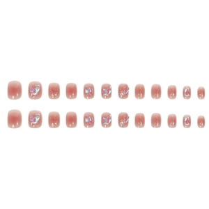 Short square press-on nails with pink gradient, glitter, and laser crystals set