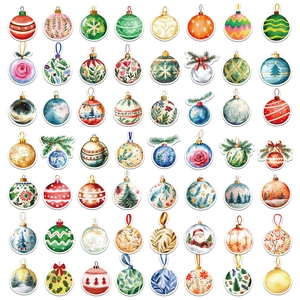 Pack of 56 unique Christmas ball stickers with watercolor ornaments and festive designs