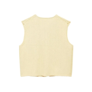 Women's cream knit vest with V-neck and bow tie detail in a minimalist loose fit