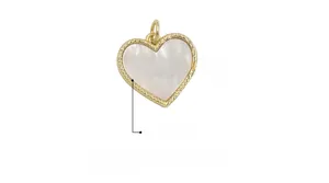 Macro view of gold-plated heart pendant with white shell inlay and beaded edges, 20mm