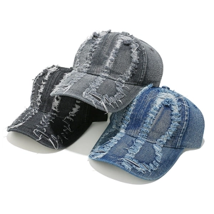 Vintage washed denim baseball caps with distressed ripped details in three different colors