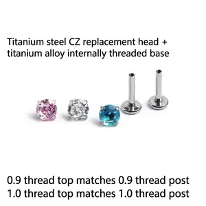 Titanium labret stud components with sparkling zircon stones for internal threading piercing