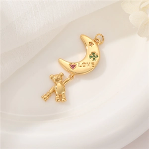 14K gold plated moon and teddy bear pendant with love engraving and colorful zircons