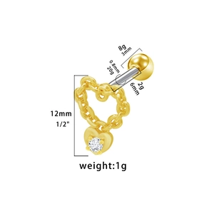 Dettaglio dell'orecchino a cuore con zircone: calibro 0,8 mm e lunghezza 6 mm in mostra