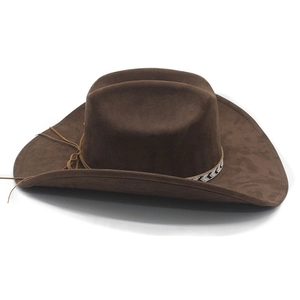 Detail of dark brown suede fedora featuring ethnic pattern band and leather cord decor