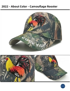 Close-up of rooster embroidery and COCK FIGHT text on camouflage baseball cap