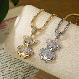 Cartoon Bear Pendant Necklace Copper With Full Micro Inlaid Zircon Animal Jewelry For Women Hip Hop Style