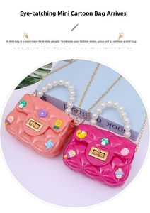 Detail of mini quilted jelly bags with faux pearl handles and cute cartoon charms