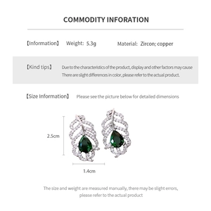 Detailed size and material chart for green leaf zircon pendant earrings in copper