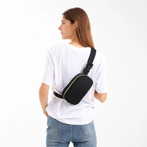 Minimalist black large capacity sports waist bag with golden zippers for women