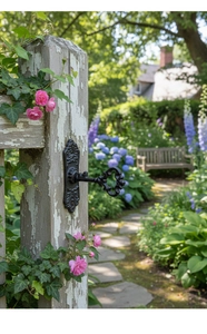 Détail macro d'une poignée de porte en fonte rétro sur une clôture de jardin rustique