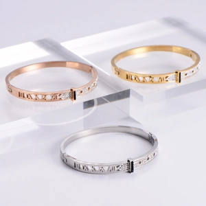 Three-piece luxury hollow Roman numeral bracelets with crystal inlays in rose gold and silver