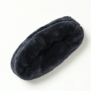 Detailed texture of navy blue faux rabbit fur neck warmer with soft plush material