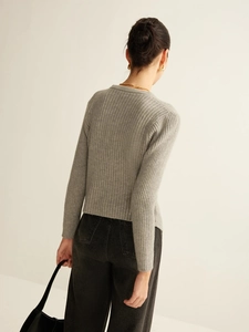 Detailed back view of a slim-fit grey ribbed knit sweater featuring premium vertical texture