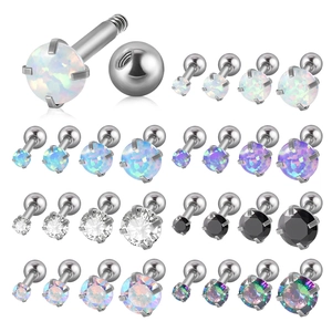 Stainless Steel Round Zircon Opal Stud Earrings Prong Set Screw Ball Back Cartilage Piercing Jewelry For Women