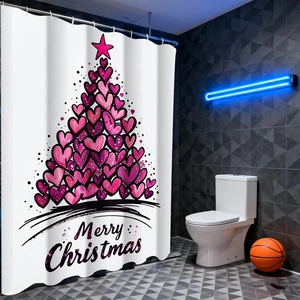 Detail of pink heart Christmas tree shower curtain with metal hooks in bathroom